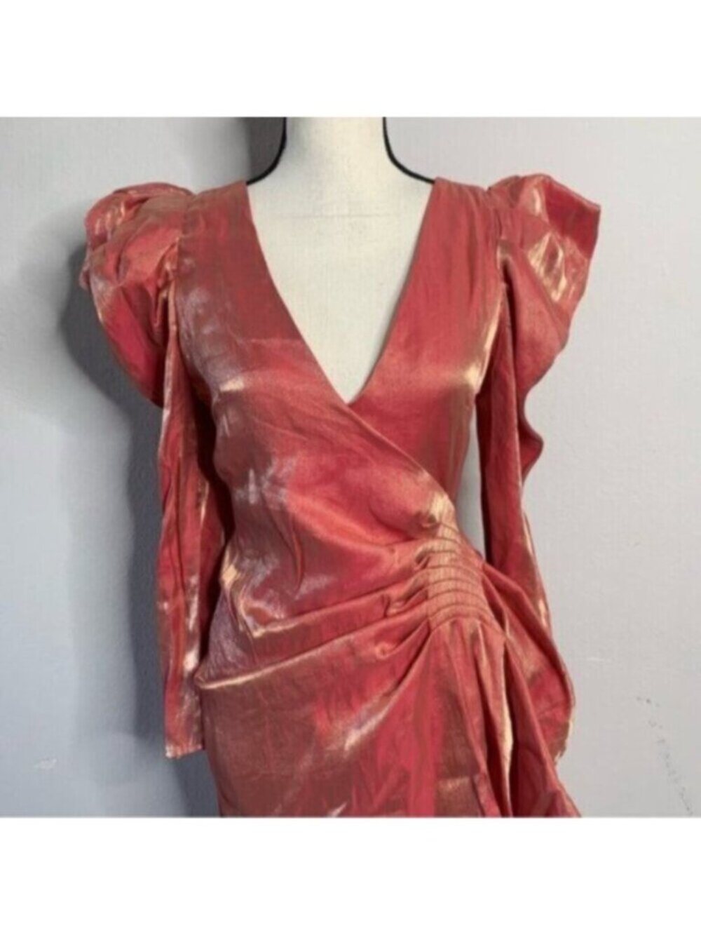Elliatt Metallic Copper Gold Puff Shoulder Long Sleeve Wrap Mini Dress - Picture 8 of 15